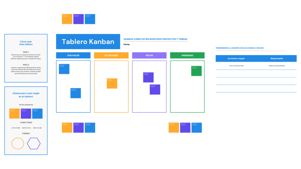 Tablero de planeación Kanban de estilo minimalista con líneas en azul morado y amarillo